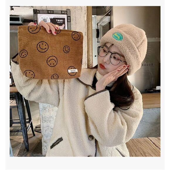 NEW Cosmetic Bags Corduroy Makeup Bag Smile Dots Brown W/ Charms - Picture 2 of 5